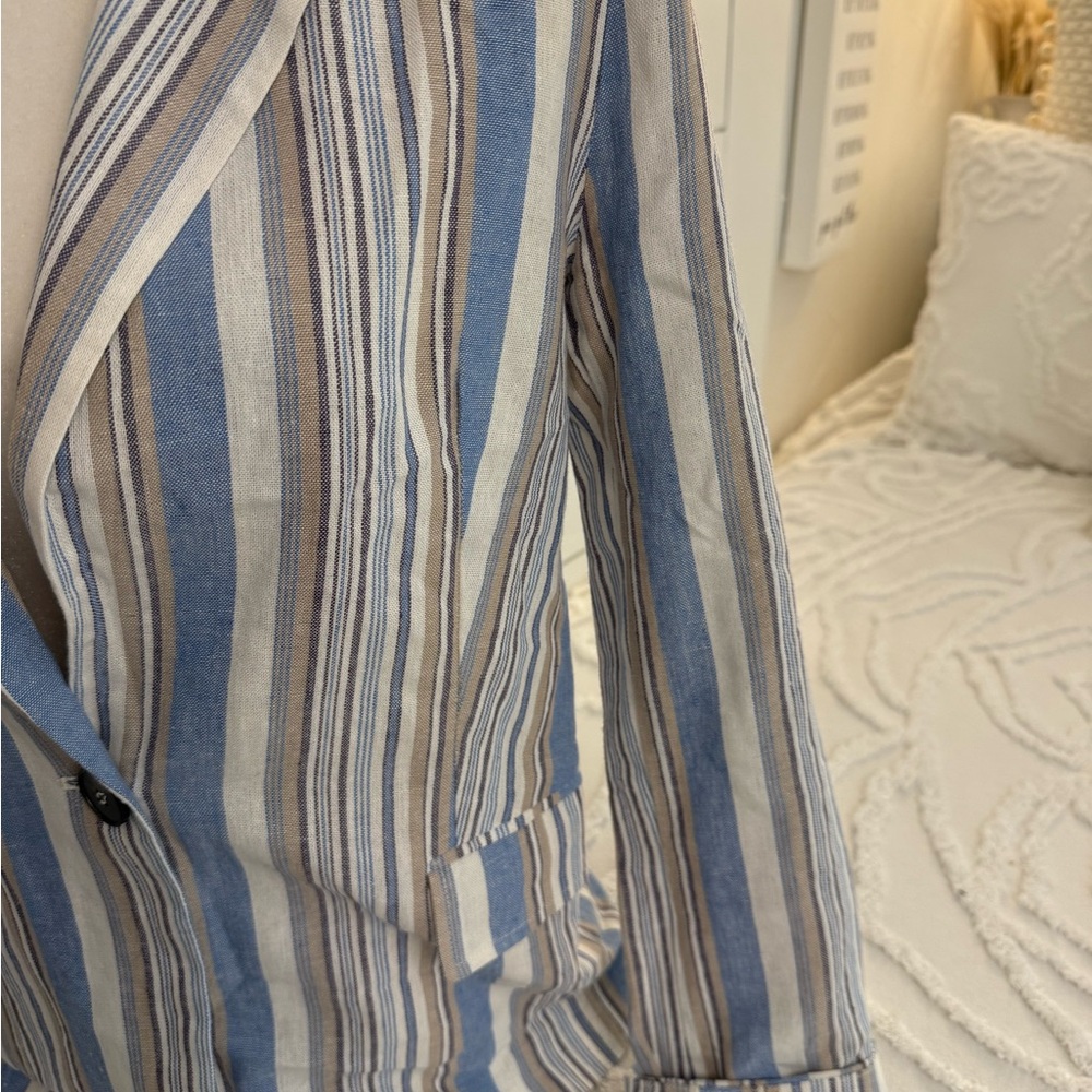 Aqua Blue and White Striped Blazer with Notched Lapels - Picture 4 of 7